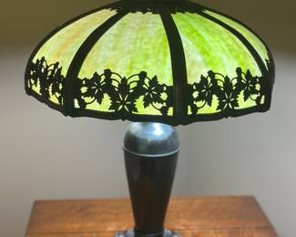 slag glass table lamp with a cast metal floral overlay,green marbled glass