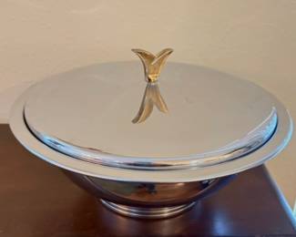vintage mid-century modern Kromex chrome and brass lidded serving dish,