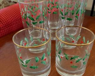 vintage Lenox Holiday Dimension holly and gold-trim tall and short glasses