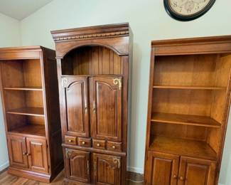 vintage solid pine storage cabinet and entertainment armoire and bookcases