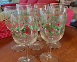 vintage Lenox Holiday Dimension holly and gold-trim wine glasses