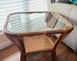 Vintage 1970s coastal boho side table- bamboo and wicker