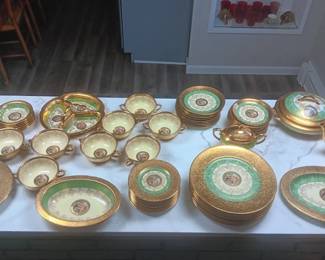 Huge set Le Mieux French 24K gold & green antique dinnerware set