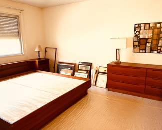 Nils Jonsson teak king bed with attached nifgtstands