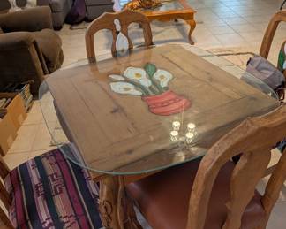 Square Table with 4 Matching Chairs, Carved Calla Lily Design