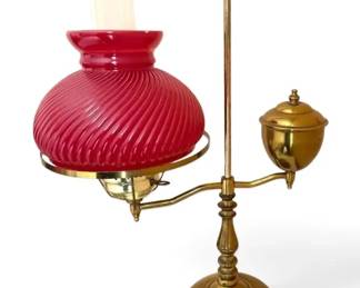 Vintage Brass Student Lamp w Cranberry Glass Shade