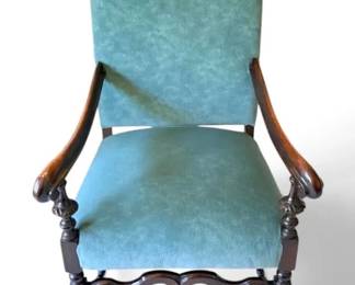 Antique Jacobean Style Carved Wooden Highback Armchair w Blue Upholstery