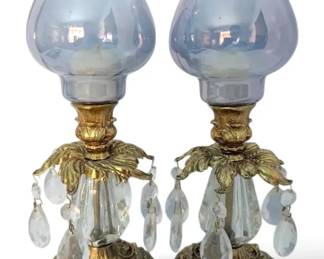 Hollywood Regency Brass Candle Holders w Glass Prisms