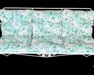 White Metal Patio Sofa w Retro Floral Cushions