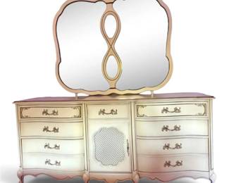 French Provincial White Gold Dresser w Double Mirror