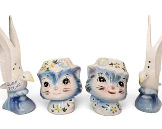 Vintage Lefton Miss Priss Kitty Cats and Seagull Salt Pepper Shakers