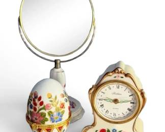 Decorative Porcelain Egg, Mirror, Matching Alarm Clock