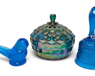 Bluebird of Happiness, Indiana Carnival Glass Whitehall Dish, Fenton Diamond Point Scrolls Bell