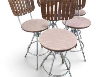 MCM Slatted Wood Chrome Swivel Bar Stools Set of Five