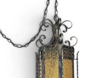 Vintage Spanish Revival Style Lantern Swag Lamp w Amber Glass Panels