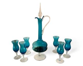 Empoli Italian Teal Blue Glass Decanter Cordial Glasses