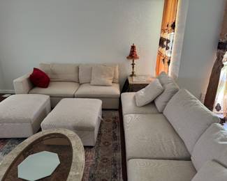 Cream Modular Sectional with 3 Ottomans – 9.5’ x 6.5’ Description: Beautiful cream modular sectional sofa with three matching ottomans. Comfortable, modern design that can be arranged in multiple configurations to fit your space. Dimensions: * Long side: 9.5 ft (114”) * Short side: 6.5 ft (78”) Includes: * Modular sectional * 3 matching ottomans Good condition. Smoke-free home. Perfect for a living room, family room, or media room.