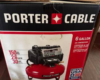 Porter-Cable 6-gallon portable air compressor. Compact pancake-style design, great for inflating tires, running nail guns, and general household/garage projects. • 6-gallon tank • 150 max PSI • 2.6 SCFM • Approx. 30 lbs • Portable design • Original box included Used condition. Sold as-is.