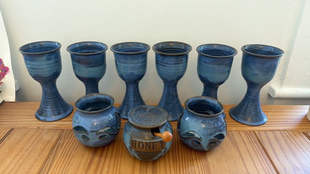 Hand made pottery goblets, honey pot bunny face jar and candle holders