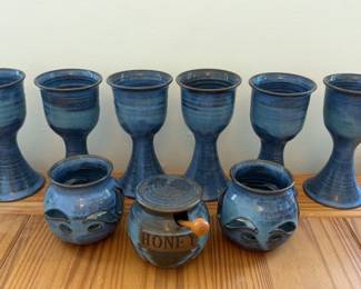 Hand made pottery goblets, honey pot bunny face jar and candle holders