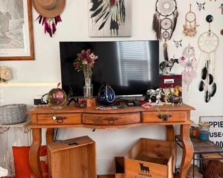 Pier 1, Santa fe desk, hisense TV, native american decor, osborne sherry boxes