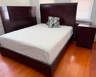 Custom made (in spain) Mahogany queen bedroom suite. Sleigh bed , two nightstands and large dresser with hidden drawers.