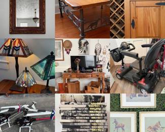 Tiffany lamps, horse wall art, electric mobility scooter, gas powered nitro RC helicopters