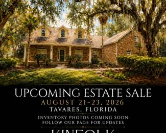 Upcoming estate sale in Tavares, Florida featuring quality furniture, collectibles, home décor, sterling silver, Ethan Allen furniture, and a baby grand piano. Hosted by Kinfolk Estate Sales.