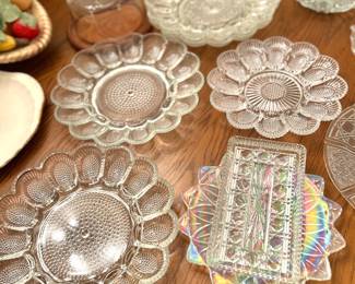 Hobnail Indiana glass egg plate, Royal Brighton dish, Iridescent Carnival plate