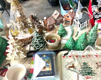 vintage village with solid green trees, ceramic trees with lights