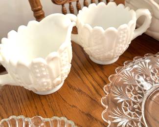 Grape pattern milk glass cream and sugar