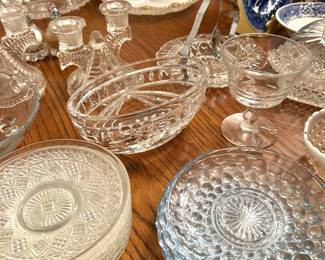 vintage blue dishes, cut glass salad plates, Waterford crystal oval bowl