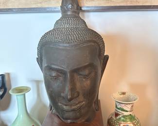 Antique crowned Buddha head Thai bronze statue 