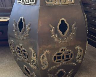 Vintage Chinese Brass Hexagonal Garden Stool Plant Stand Heavy Pierced