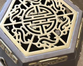 Vintage Chinese Brass Hexagonal Garden Stool Plant Stand Heavy Pierced