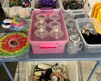 Mardi Gras beads and cable locks.  Interesting combo.