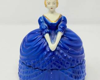 91 VintageJapanFiguralBlueLadyPorcelainTrinketJewelryBox