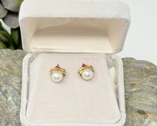 27 14KGoldPinkStonePearlStudEarrings