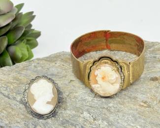 81 VintageShellCameoCuffBraceletFiligreeCameoBrooch