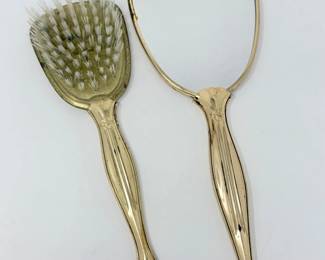 93 VintageGoldTonedVanityHandMirrorBrush