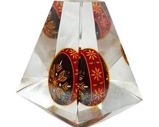 Lucite Prism Paperweight with a Ukrainian Pysanka, Vintage
