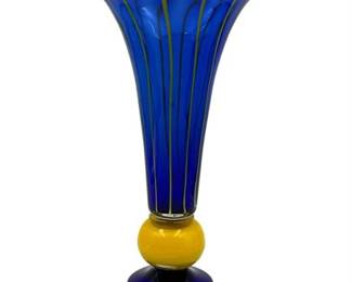 Art Glass Trumpet Vase, Cobalt Blue with Pulled Stripe Design