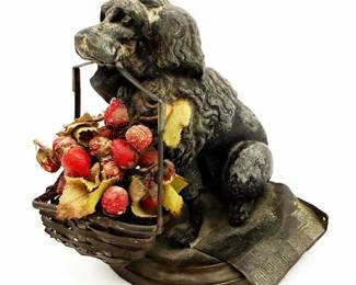 Antique French 19th Century Bronze and Brass Spaniel Dog with Basket
