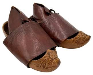 Antique Children's Wood and Leather Clogs, Early 20th C