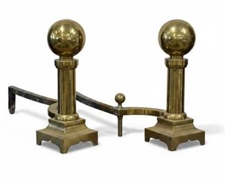 19th C Cast Brass Cannon Ball Andirons