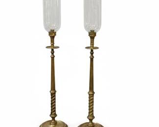 Maitland Smith Brass Candlesticks With Hurricane Shades