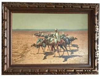 Orientalist Desert Caravan Scene Oil on Board