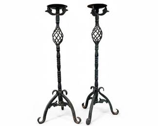 Late 18th C Gothic Revival Wrought Iron Candlesticks, Pair