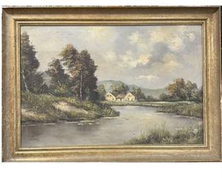 Lowis, Signed Continental River Landscape Oil Painting