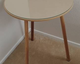 MidCentury Modern Style Round Side Table with Glass Top and Wooden Legs